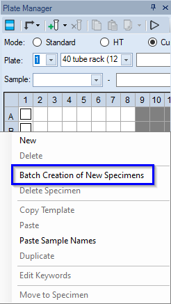 Right-click, Batch creation of new specimens ...
