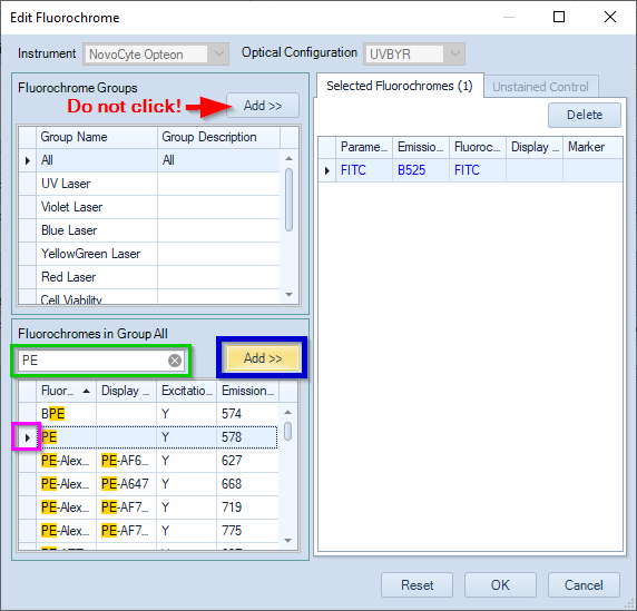 Edit Fluorochome window ...